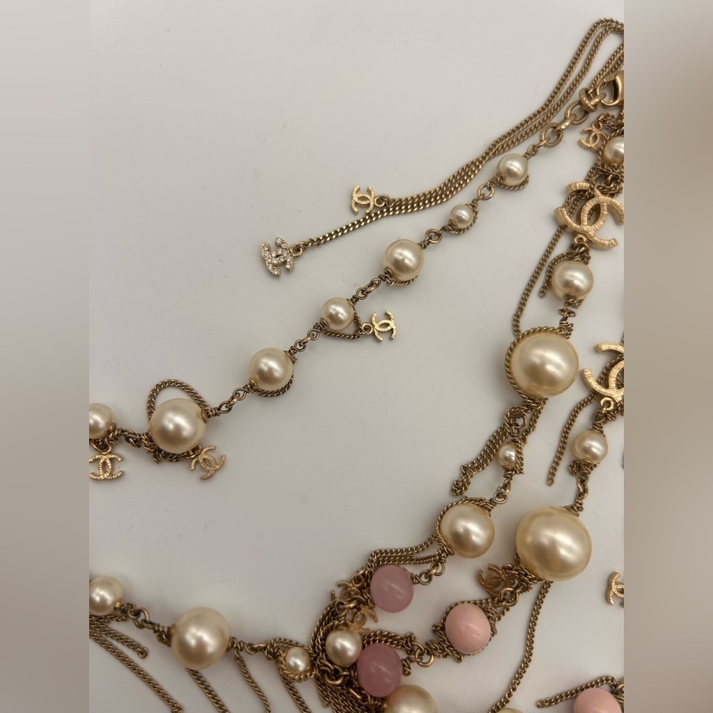 Chanel 100% Authentic Pearl 3 Large CC Long Necklace Silver Pink Tone 20 Inch - Picture 6 of 11